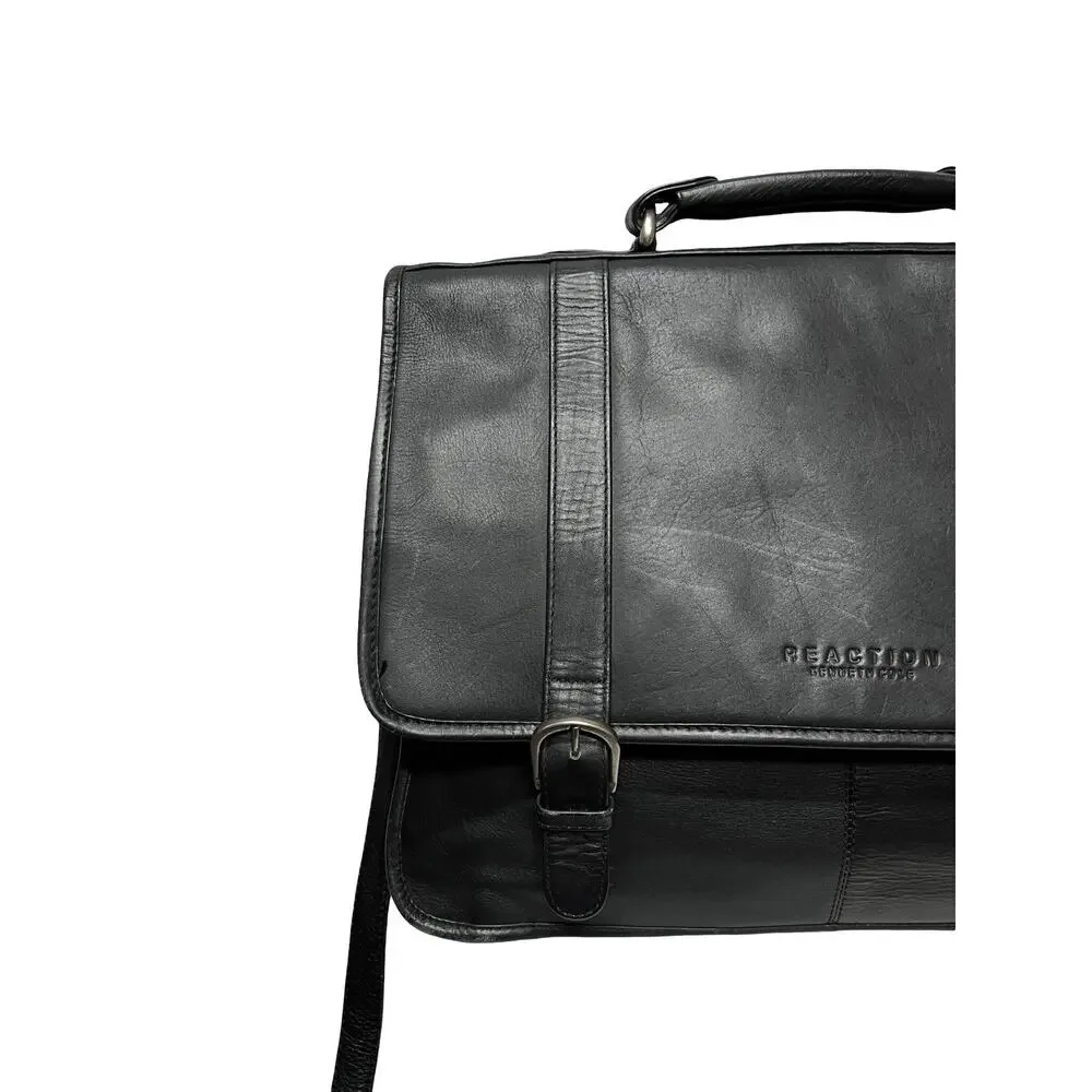 Vtg Kenneth Cole Reaction Black Leather laptop briefcase Messenger Work bag